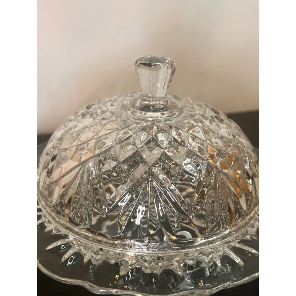 Anchor Hocking Butter Dish Clear Prescut Star of David Round‎ Covered Vintage 7